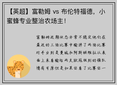 【英超】富勒姆 vs 布伦特福德，小蜜蜂专业整治农场主！