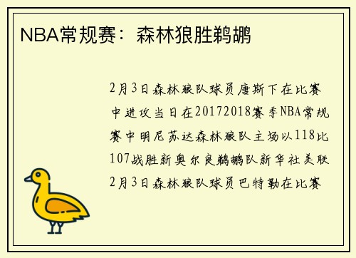 NBA常规赛：森林狼胜鹈鹕